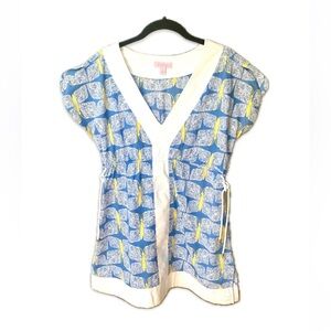 Lilly Pulitzer White Blue Pressed Butterflies Tunic Cotton Top Size Medium